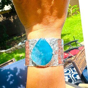 Rustic Copper & Silver Hammered Cuff Bracelet W/ Blue Agate Teardrop Gemstone